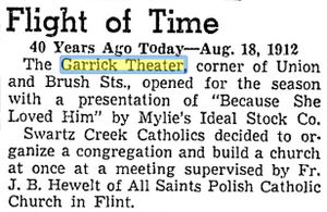 1952 retrospective article Garrick Theatre, Flint